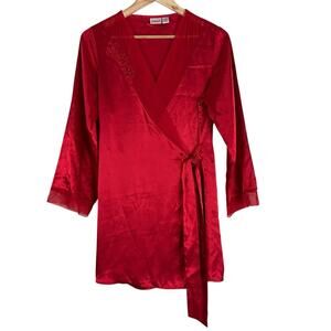 Y2K Vintage Fredericks of Hollywood Satin Robe Womens S/M Sexy Red Sheer Beaded